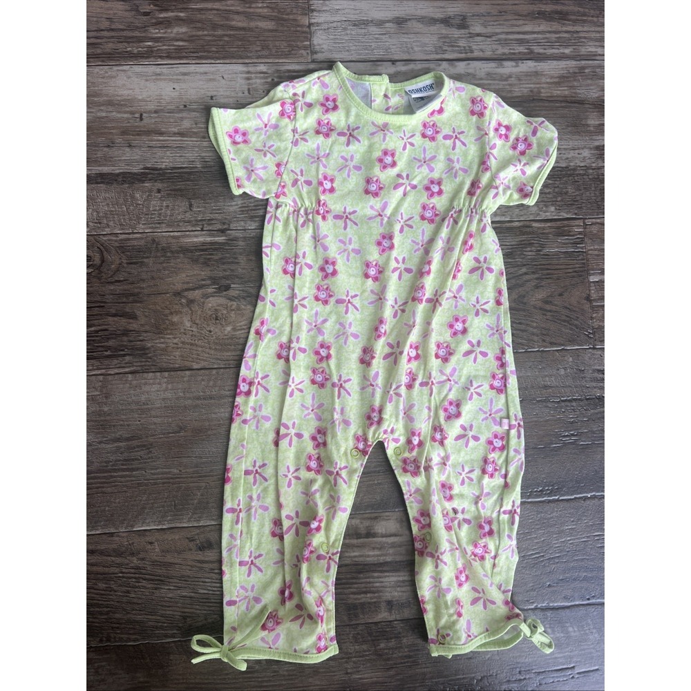 Vtg Oshkosh Girl‎ Bubble Pant Romper Pink Flower Green 18 Months Summer